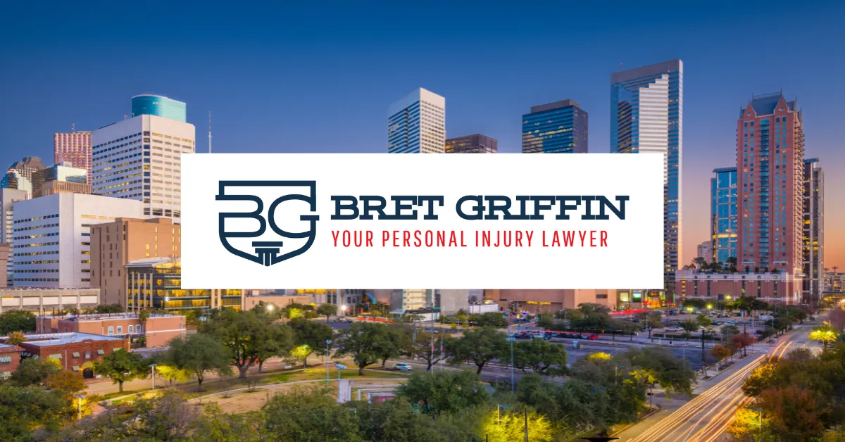 City skyline at dusk with Bret Griffin law firm logo and tagline overlay.