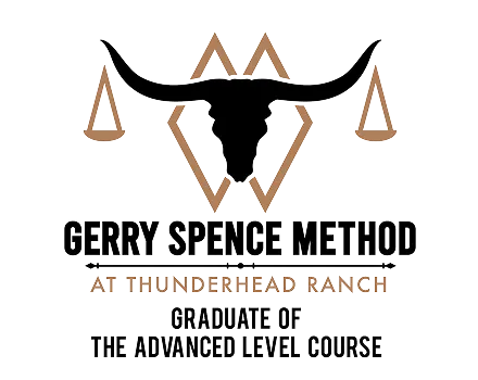 Logo featuring a black longhorn skull with brown geometric shapes, and text "Gerry Spence Method at Thunderhead Ranch Graduate of the Advanced Level Course.