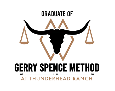 Logo featuring a longhorn skull with scales of justice and text "Graduate of Gerry Spence Method at Thunderhead Ranch.