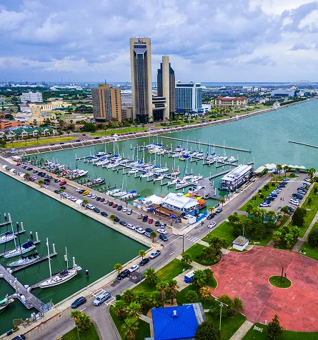 Aerial view of a marina with docked boats, adjacent high-rise buildings, and surrounding waterfront area.