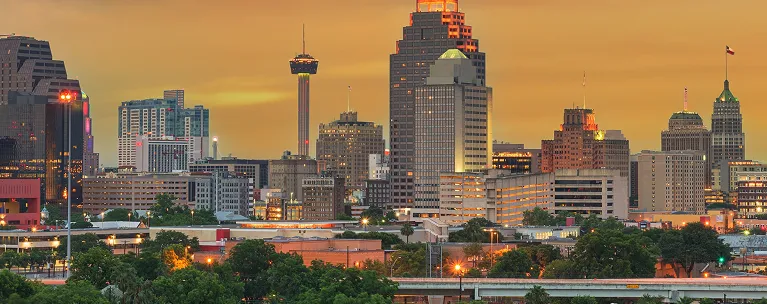 Panoramic view of a city skyline at sunset with illuminated buildings and green foreground.