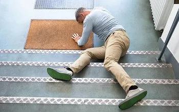 Man lying on stairs in casual clothing, appearing to have fallen or injured.