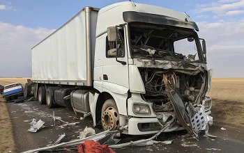 White semi-truck with severe front-end damage on rural road with debris scattered.
