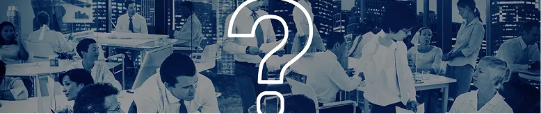 Office scene with diverse professionals collaborating, overlaid by a large white question mark.