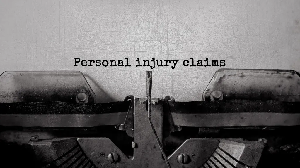 Close-up of an old typewriter typing "Personal injury claims" on white paper.