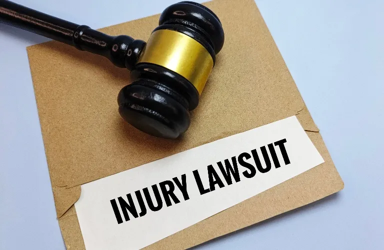 Black and gold judge's gavel resting on a brown envelope labeled "INJURY LAWSUIT
