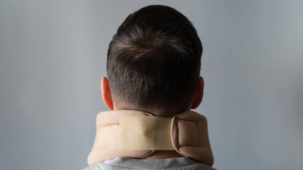Rear view of person wearing a beige neck brace against a plain gray background.