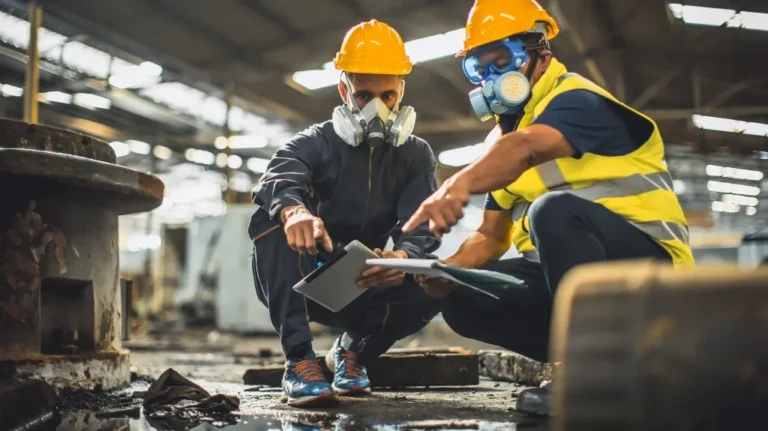 Two industrial workers wearing yellow hard hats and respiratory masks, reviewing documents in a factory setting.