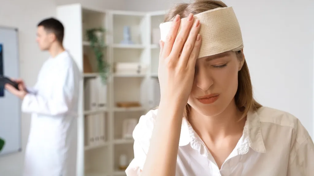 Woman with head bandage holding forehead in medical office, male doctor in background.