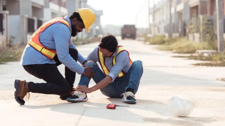 Two construction workers in safety vests, one assisting the other who is seated on the ground.
