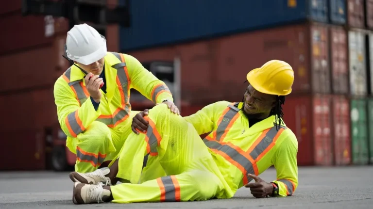 Two construction workers in high-visibility clothing and helmets, one sitting on the ground injured, the other using a walkie-talkie.