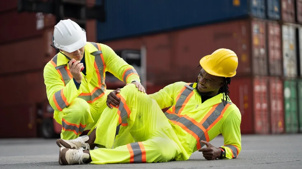 Two construction workers in high-visibility clothing and helmets, one sitting on the ground injured, the other using a walkie-talkie.