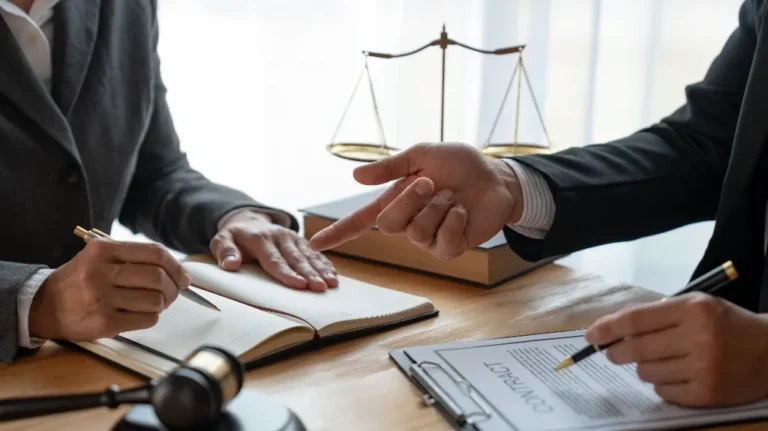 Two professionals in suits discussing a contract with legal scales and gavel on the desk.