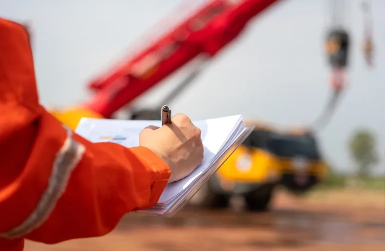 Person in orange safety jacket writing on clipboard at construction site with heavy machinery in background.