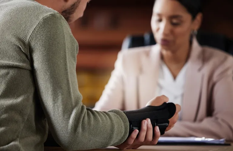 A man with a wrist brace is seated across from a woman in a beige blazer at an office desk.