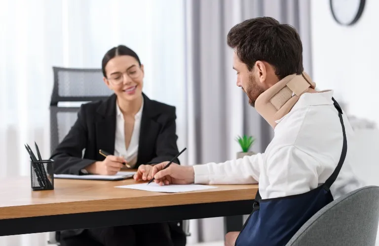 Man with neck brace and arm sling filling out paperwork, woman in business attire smiling.