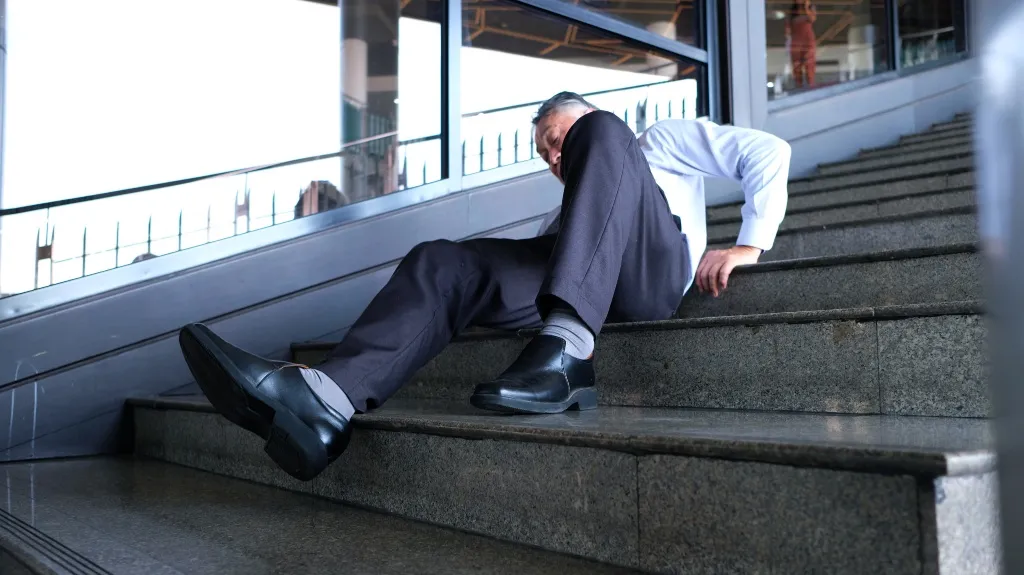 Middle-aged man in business attire sitting on stone stairs, appearing to have fallen.