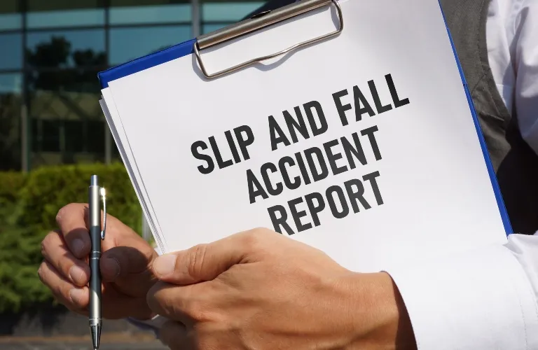 Person holding a clipboard with a document titled "Slip and Fall Accident Report" outdoors.