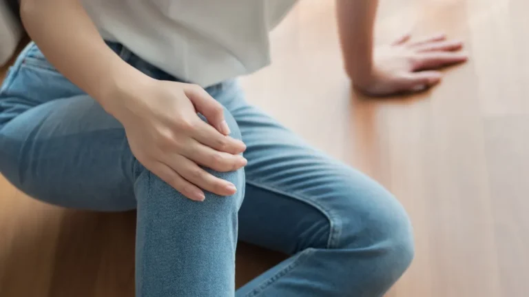 Person wearing blue jeans and white shirt sitting on wooden floor, hand resting on knee.