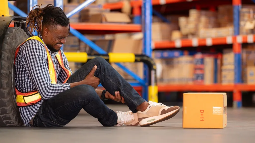 Warehouse worker in safety vest sitting on floor, holding injured leg in pain.