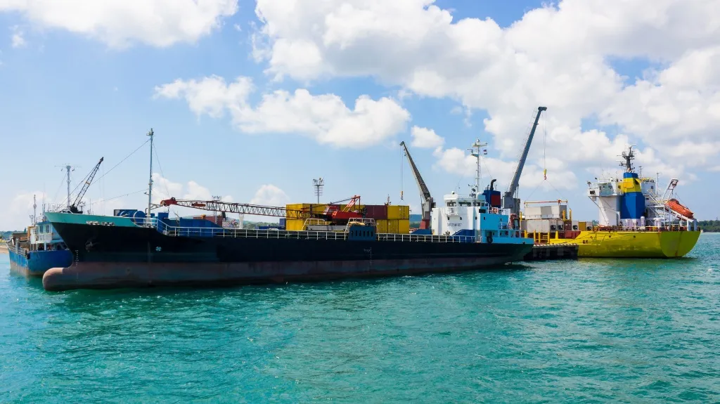 Two cargo ships docked side by side in turquoise water under a partly cloudy sky.