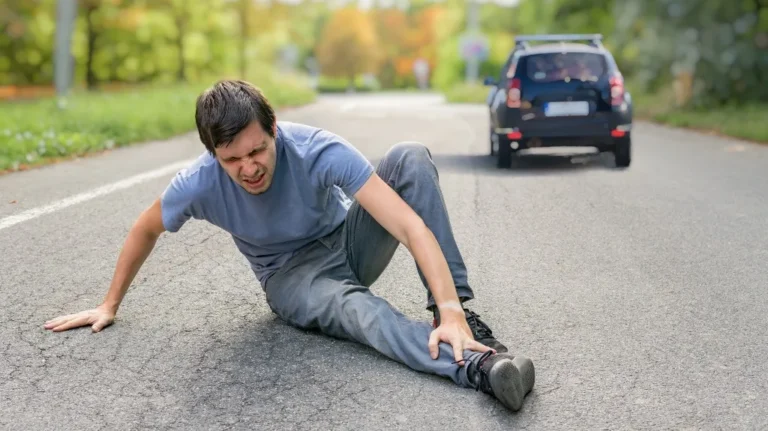 Man in casual clothing sitting on a road, holding his ankle in pain with a black car in the background.